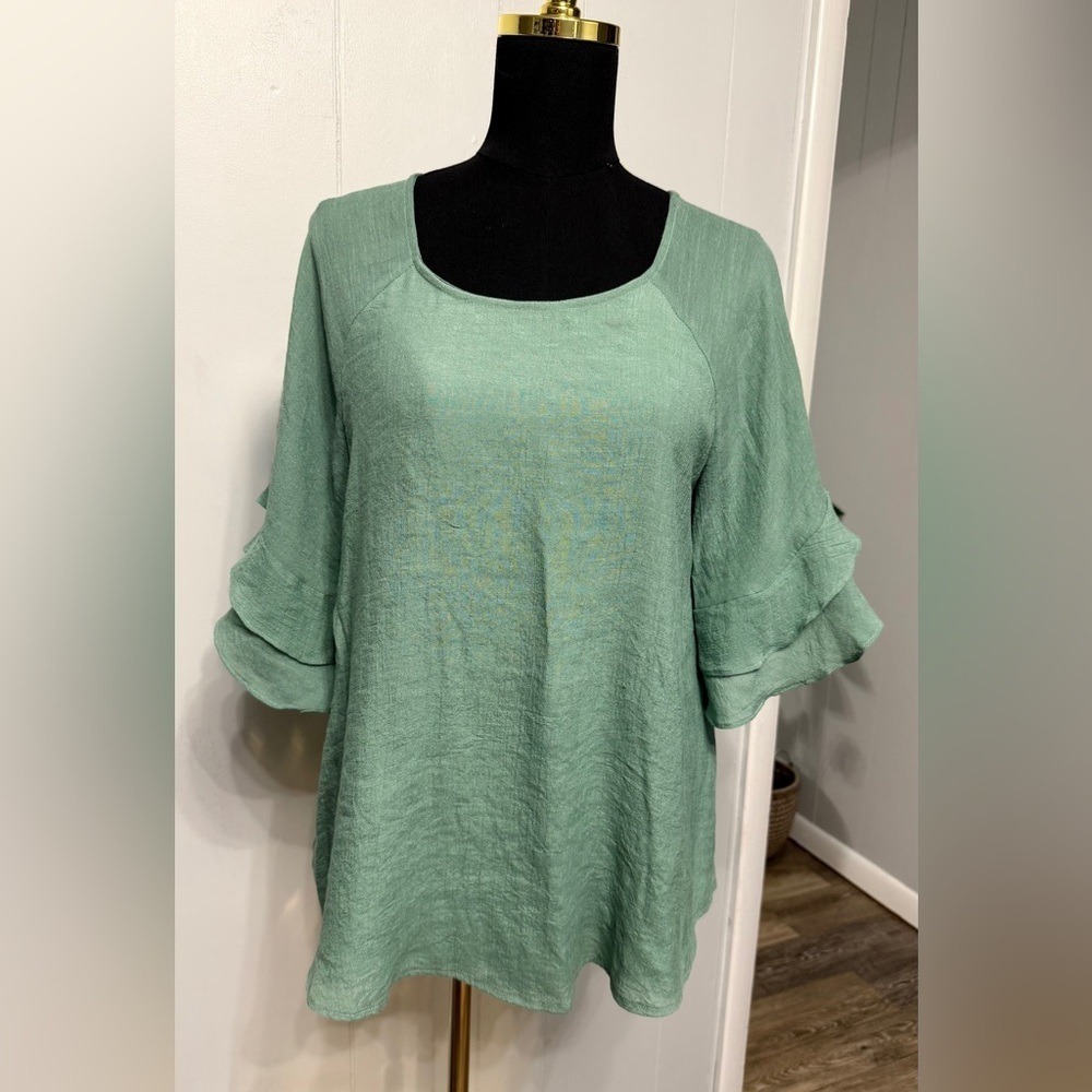 #5) Chic Mint Green Blouse with Ruffled Sleeves
